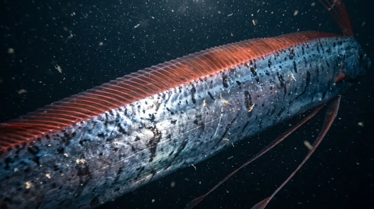 Pez remo nadando en aguas oscuras, con el cuerpo plateado con manchas oscuras y largos radios rojos en la aleta dorsal