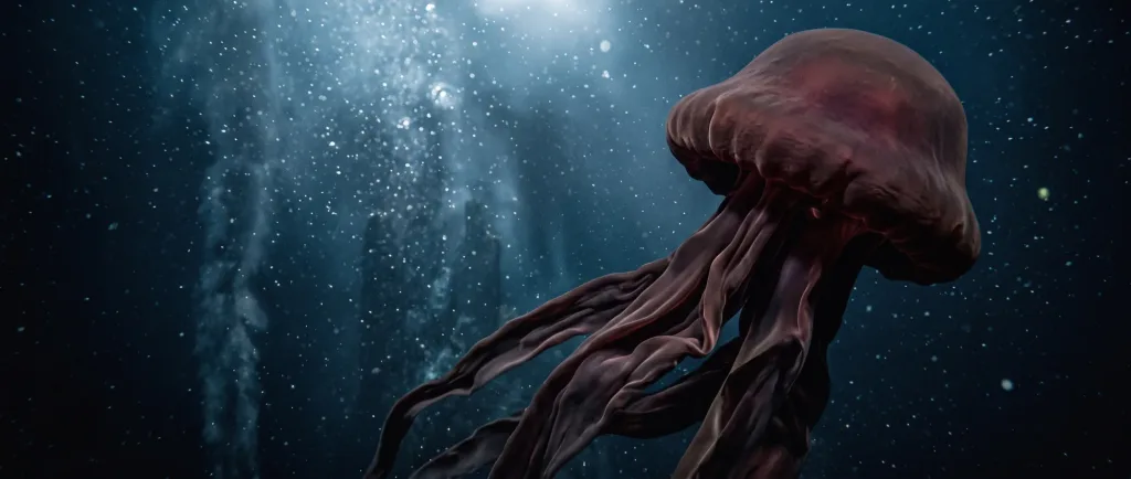 Giant phantom jelly with a dark red bell and trailing arms in the deep sea