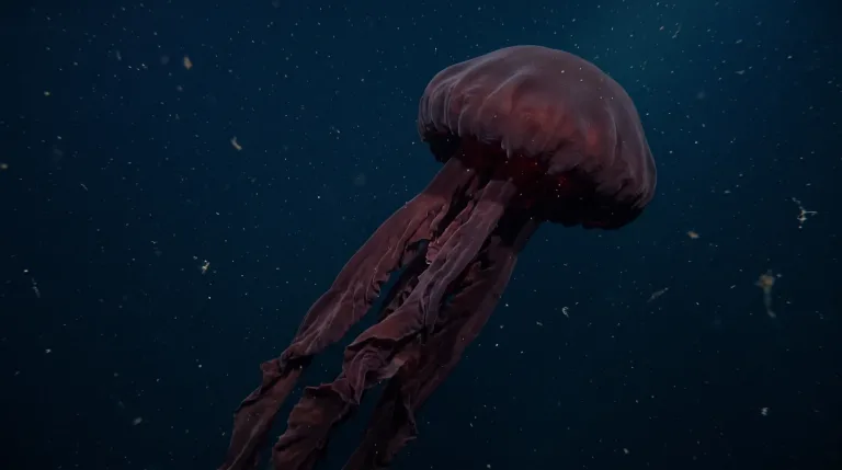 Água-viva-fantasma-gigante flutuando em água azul-escura, com a umbrela avermelhada e braços compridos e franjados