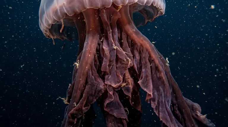Água-viva-fantasma-gigante com a umbrela clara e translúcida e braços orais compridos e franjados marrom-avermelhados em água azul-escura