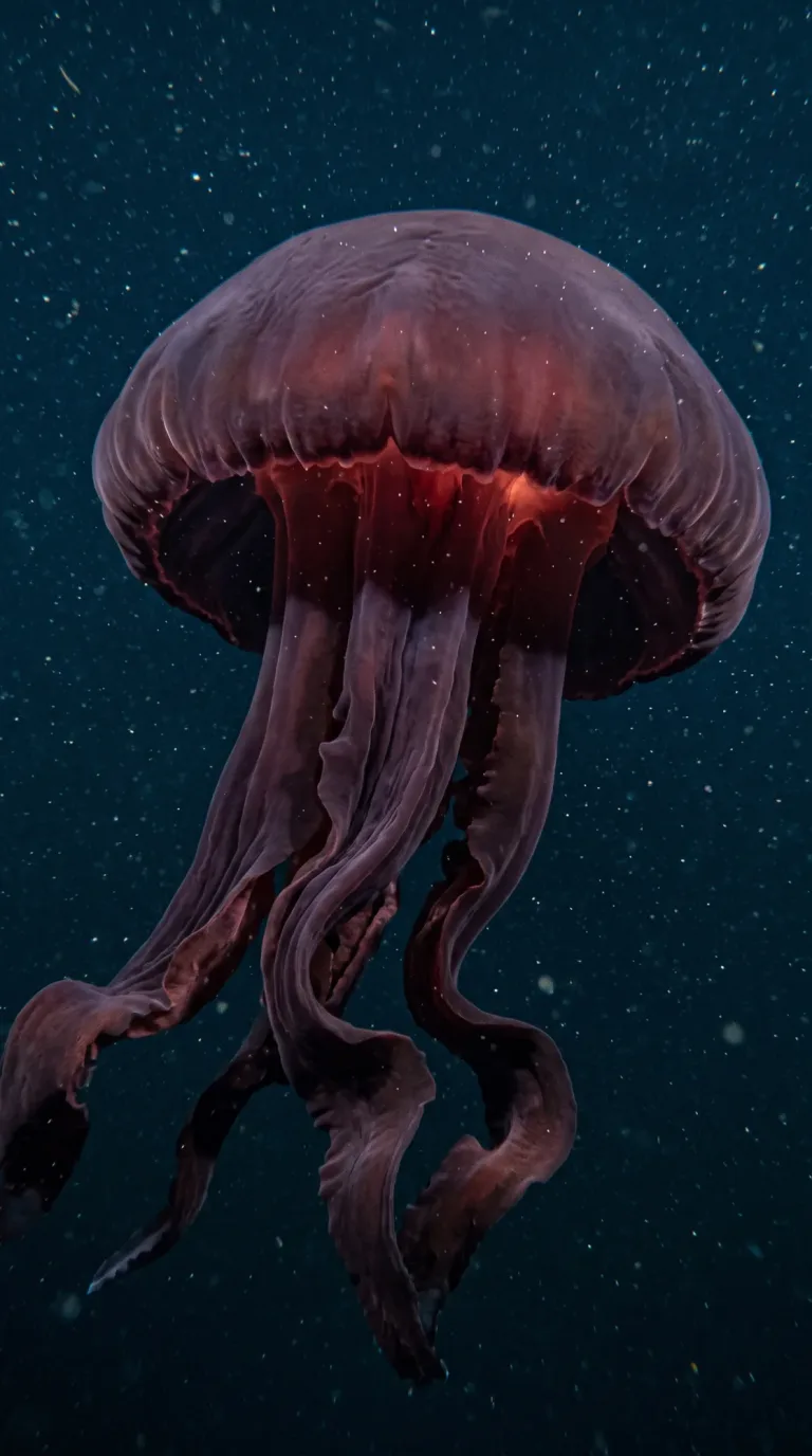 Giant phantom jelly with a deep red bell and long ribbon-like arms in the dark