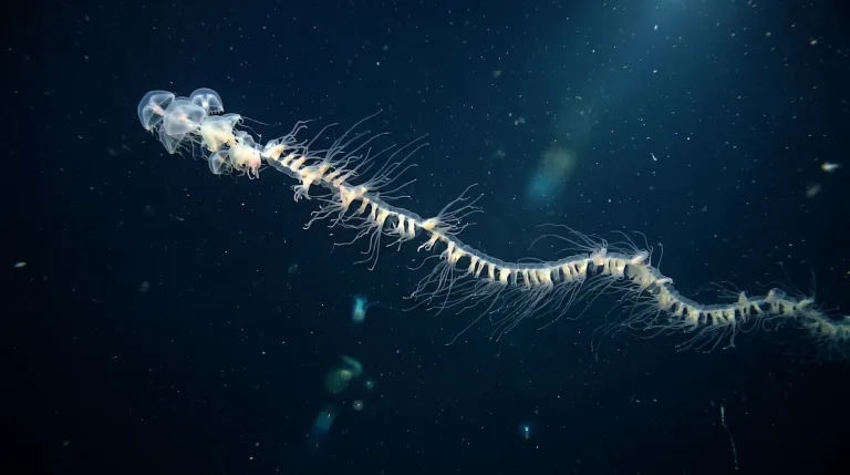 Giant siphonophore drifting in deep blue water, with a long chain of pale zooids and trailing tentacles stretching across the frame