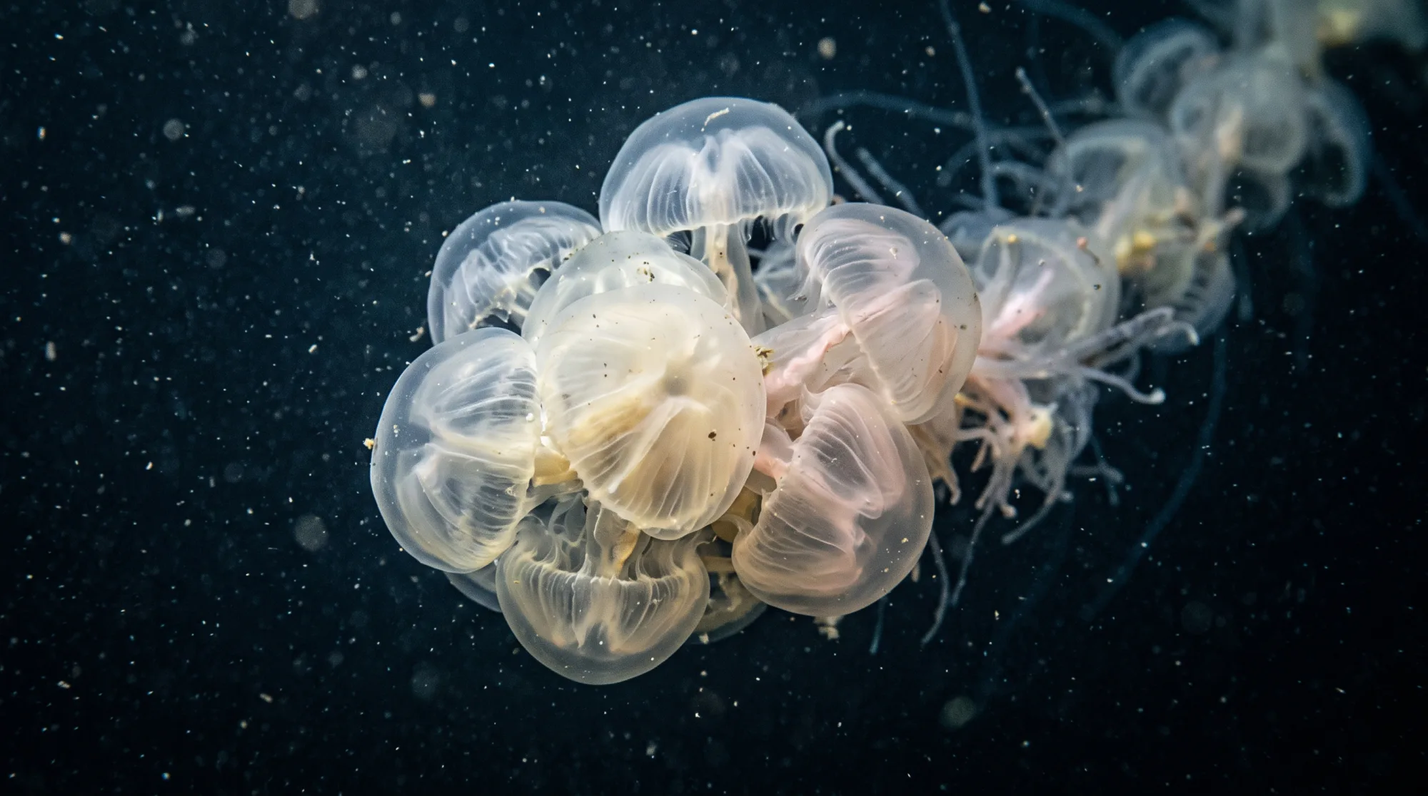 Cluster of translucent bell-shaped zooids of a siphonophore drifting against a dark blue ocean background with floating particles