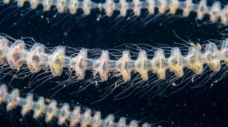 Translucent Giant Siphonophore colony with chain of pale bell-like zooids and thin trailing tentacles drifting against a dark ocean background.