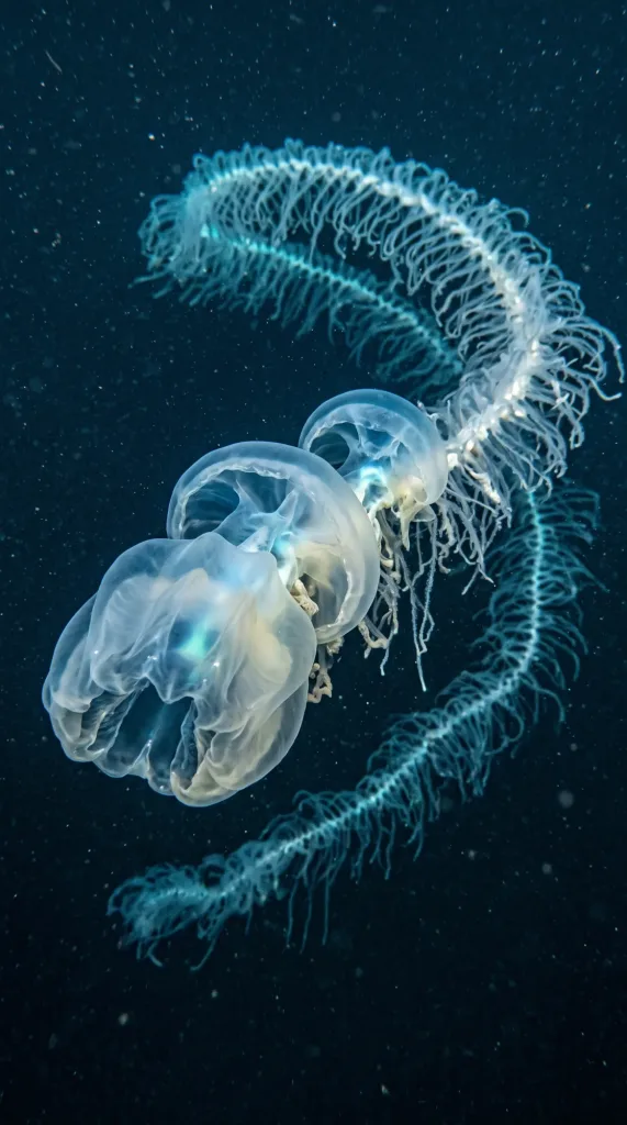 Glowing blue giant siphonophore with a long string of translucent bells