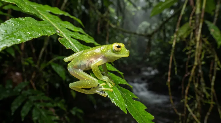 Perereca-de-vidro verde e translúcida agarrada a uma folha sobre um riacho da floresta tropical