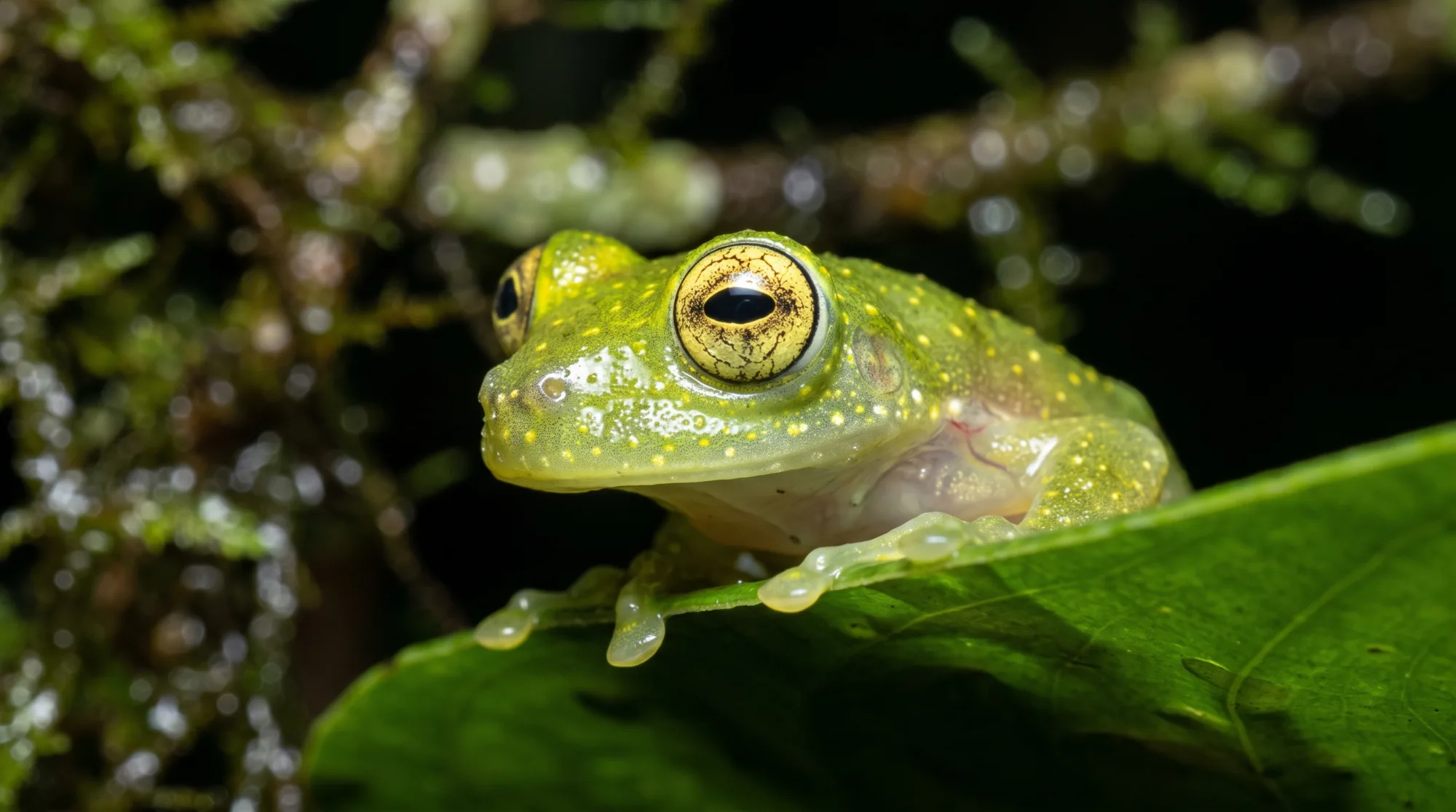 Perereca-de-vidro verde-limão de olhos dourados sentada numa folha