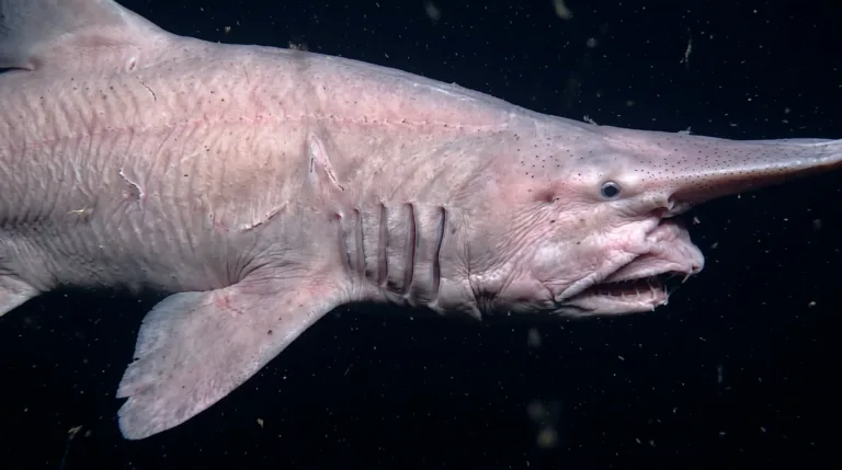 Tiburón duende rosa con un hocico largo y plano y las mandíbulas salientes en el agua oscura