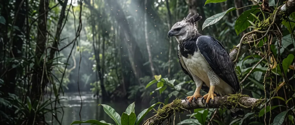 Harpy eagle perched on a branch in a misty rainforest
