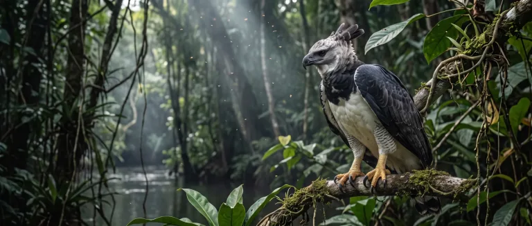Harpia pousada num galho numa floresta tropical enevoada