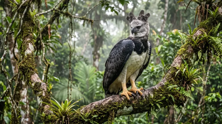 Harpia pousada num galho coberto de musgo numa floresta enevoada, com a cabeça cinza, a crista e a plumagem escura e branca