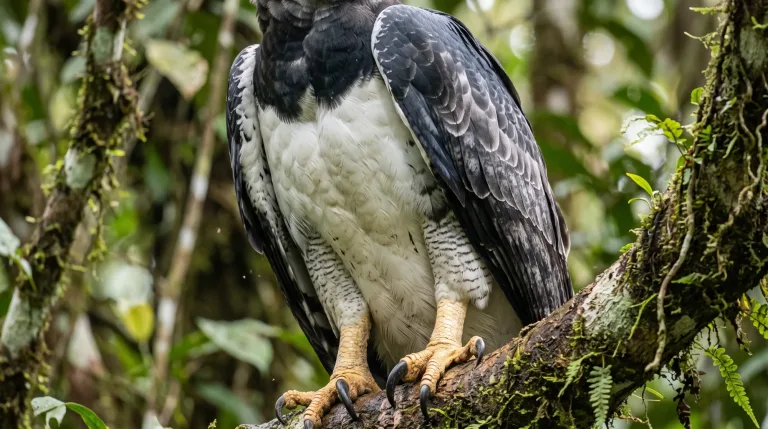 Harpia pousada num galho com musgo na floresta, com a barriga branca, as asas cinza-escuras e garras amarelas poderosas