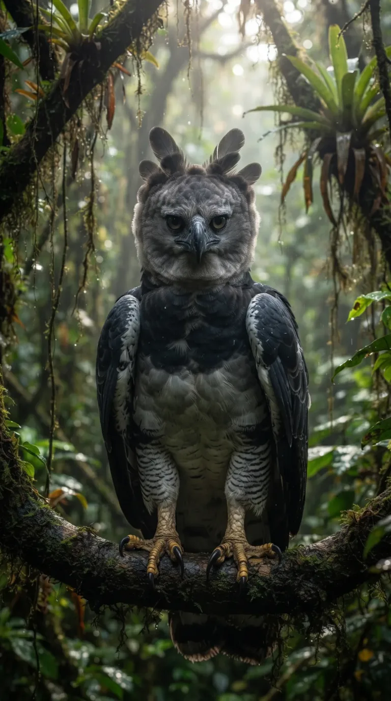 Águila harpía de plumaje gris con cresta posada en una rama de la selva