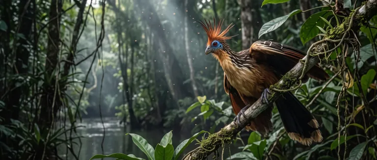 Cigana (hoatzin) de topete espetado pousada num galho sobre um rio na selva