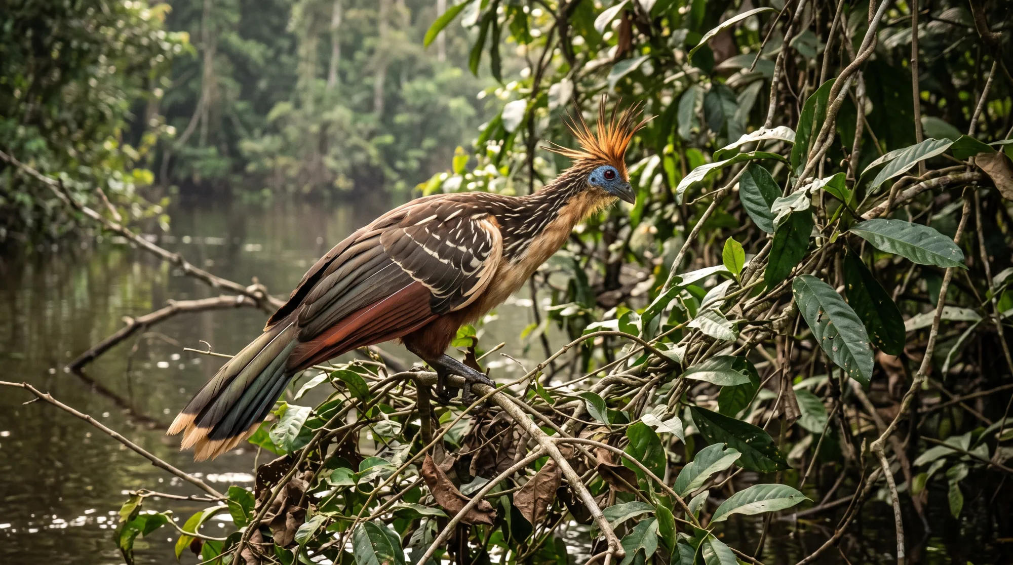 Cigana pousada num galho sobre um rio da floresta, com a crista laranja espetada, a pele azul do rosto e a plumagem listrada
