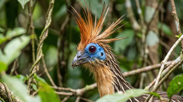 Cigana com crista laranja espetada, pele azul-viva no rosto e olho vermelho pousada entre galhos verdes da floresta