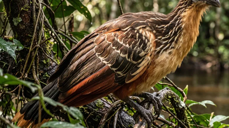 Cigana pousada num galho com musgo sobre a água, com a plumagem marrom listrada, o pescoço alaranjado e as asas com garras