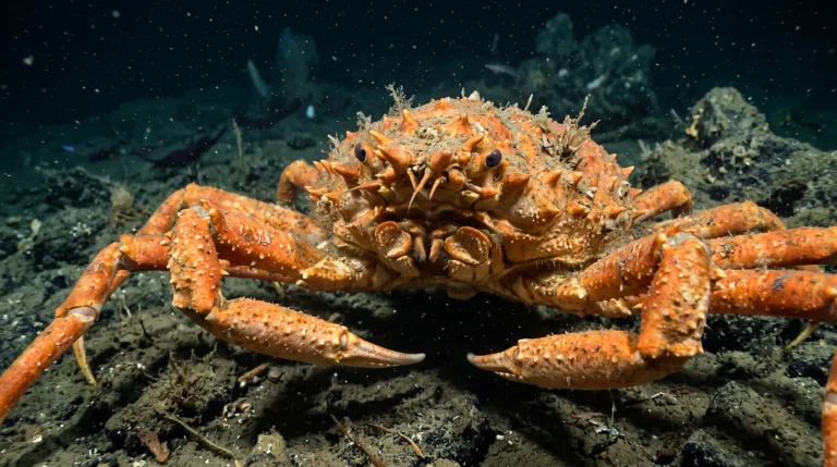 Primer plano de un cangrejo araña japonés extendiendo sus largas patas naranjas
