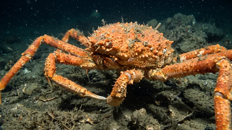 Cuerpo naranja espinoso y patas largas de un cangrejo araña japonés en el fondo marino
