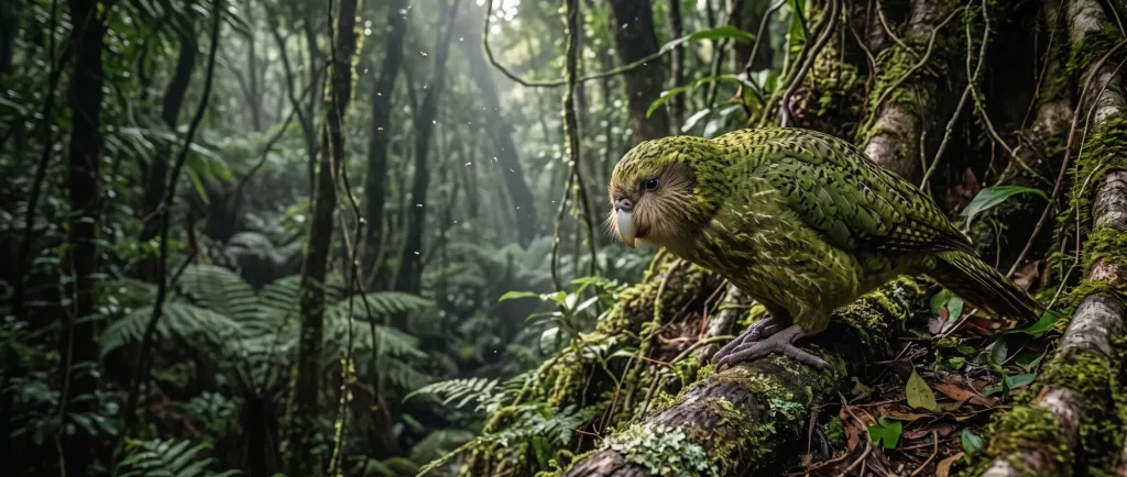 Green kakapo parrot climbing a mossy tree in a misty forest
