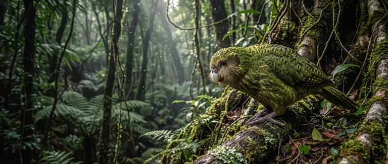 Green kakapo parrot climbing a mossy tree in a misty forest