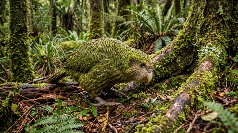 Kakapo, a green moss-colored flightless parrot, walking through mossy forest floor among ferns and fallen logs