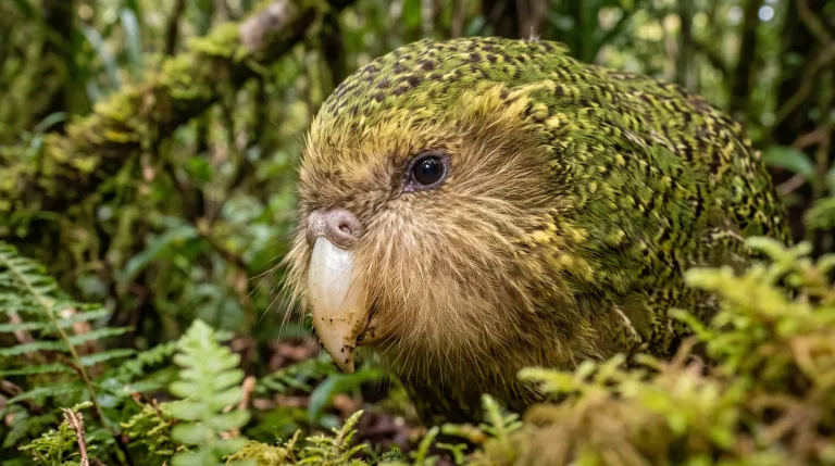 Kakapo with mossy green and yellow plumage and a pale beak, standing among ferns and moss in a dense forest