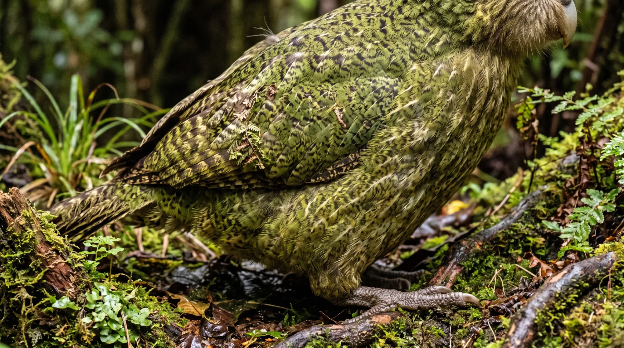 Kakapo standing on mossy forest floor, its mottled green plumage blending into ferns and moss, with a pale beak visible at top right.