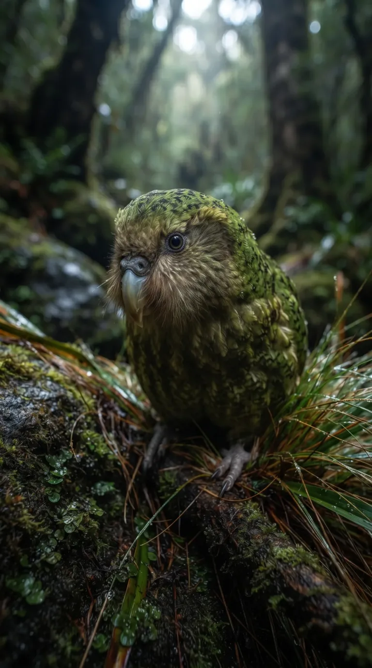 Kakapo verde-musgo sentado no chão da floresta entre samambaias