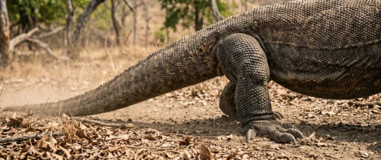 Primer plano de las patas escamosas y la larga cola de un dragón de Komodo sobre el suelo seco