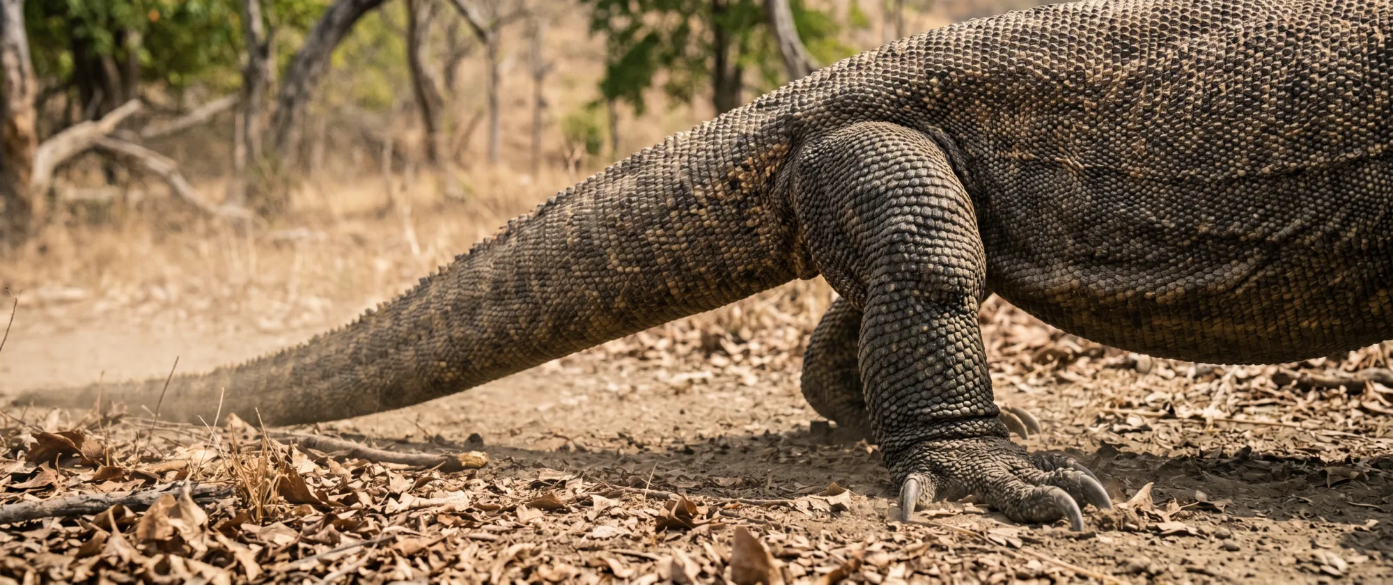 Primer plano de las patas escamosas y la larga cola de un dragón de Komodo sobre el suelo seco