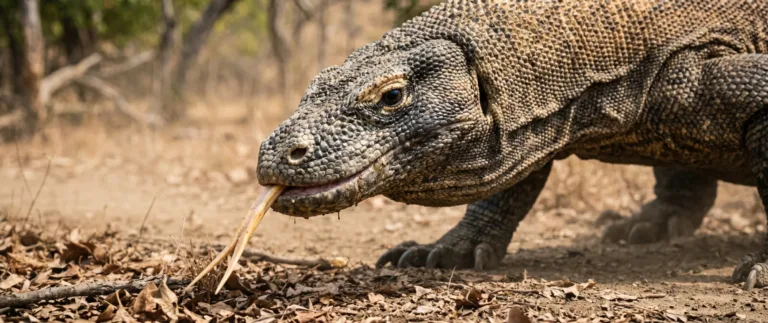 Dragón de Komodo de piel escamosa gris parda sacando la lengua bífida amarilla mientras camina sobre la hojarasca seca.