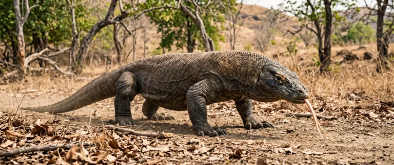 Dragón de Komodo caminando sobre hojas secas con la lengua bífida fuera