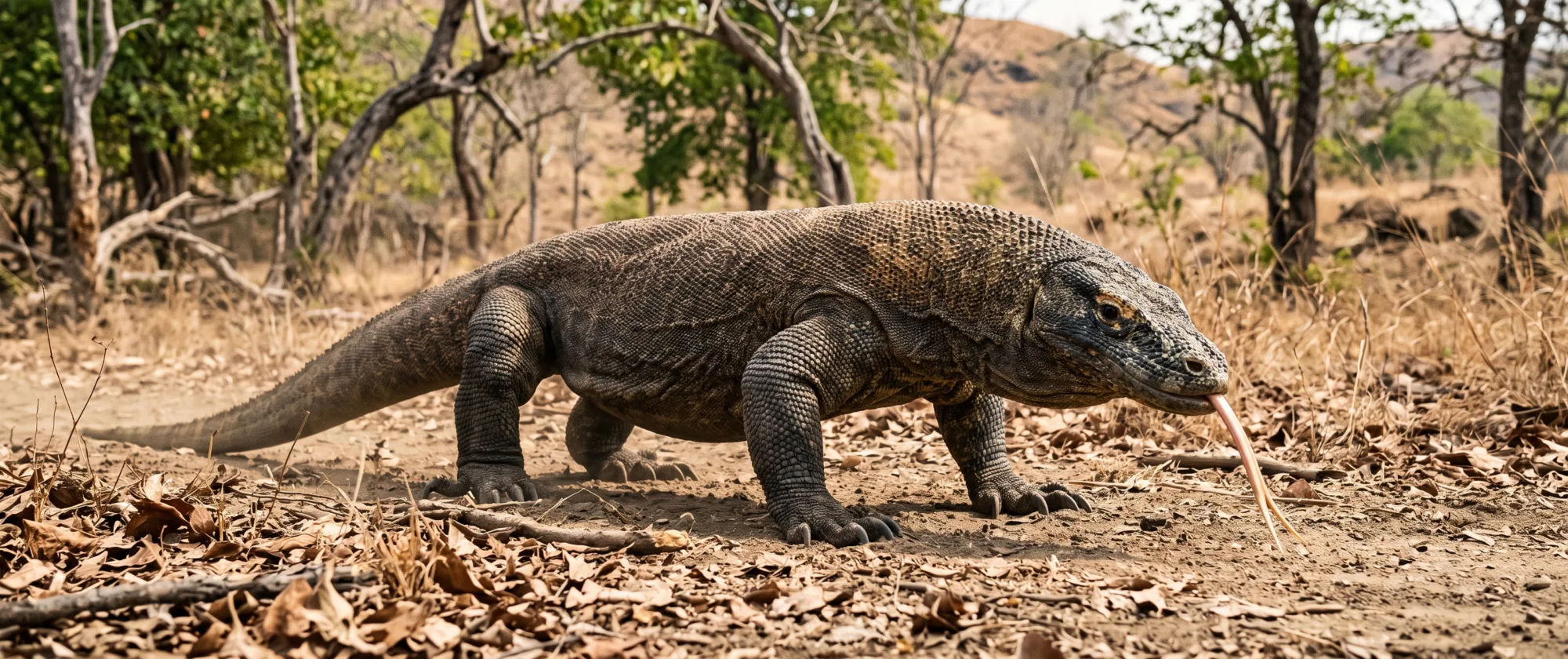 Dragón de Komodo caminando sobre hojas secas con la lengua bífida fuera