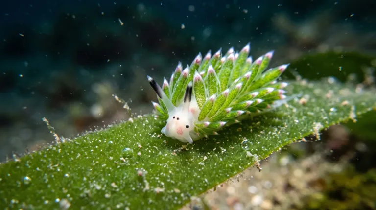Oveja de mar con el cuerpo blanco, ceratas verdes con puntas rosadas y rinóforos negros, arrastrándose sobre una hoja verde bajo el agua