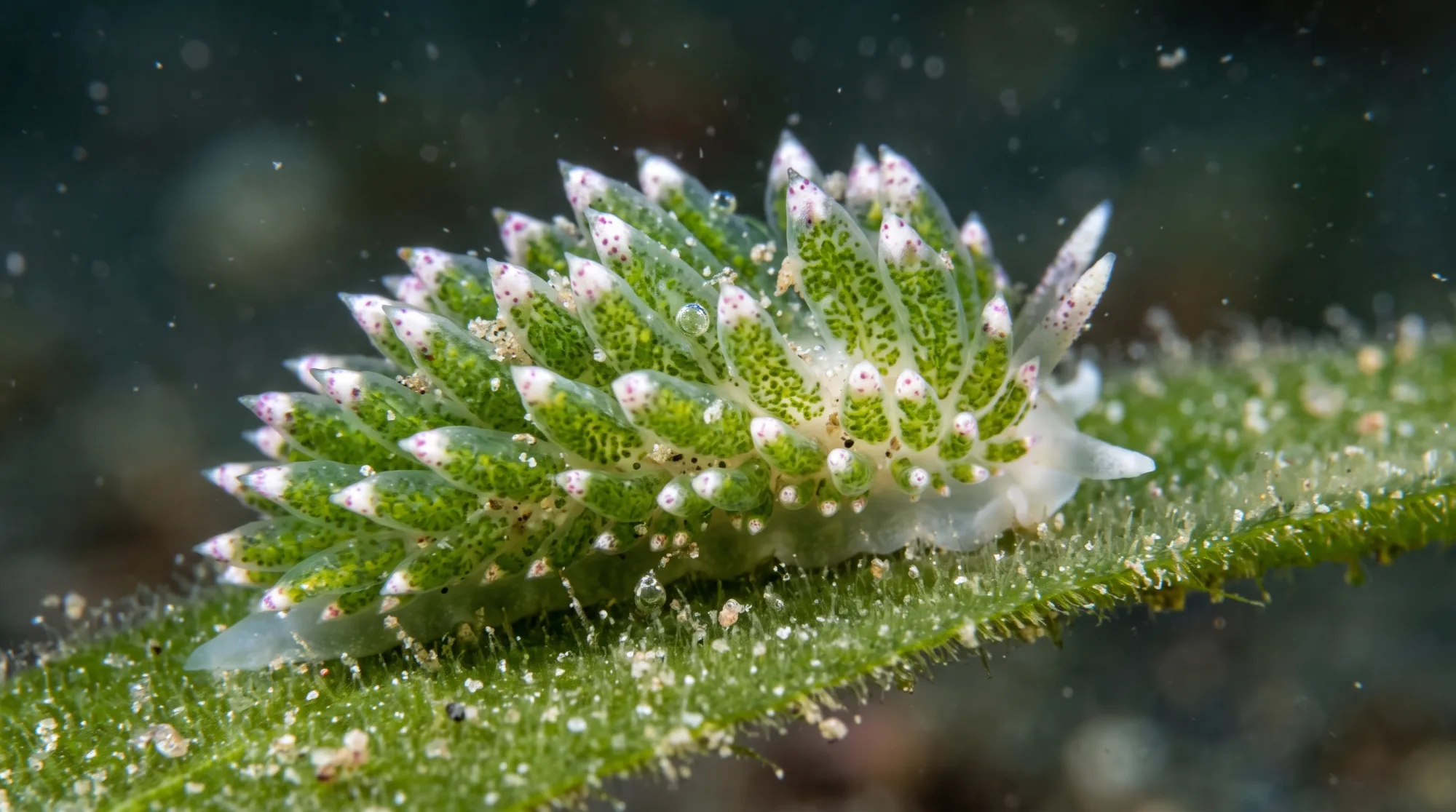 Oveja de mar con apéndices puntiagudos verdes y blancos descansando sobre una hoja verde bajo el agua
