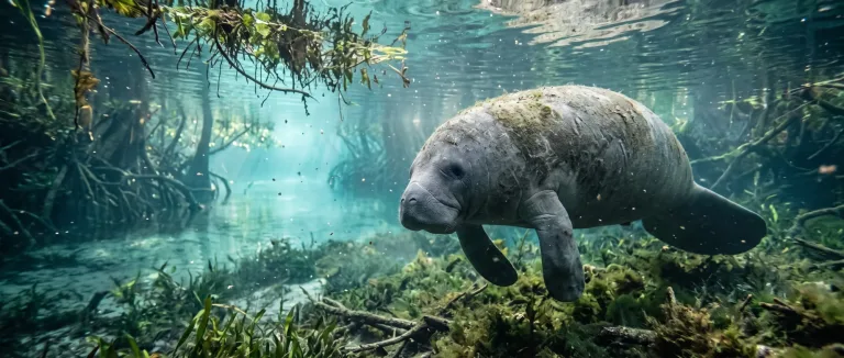 Manatee swimming over seagrass in clear green water