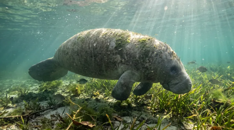 Grey manatee grazing on seagrass in clear, sunlit water