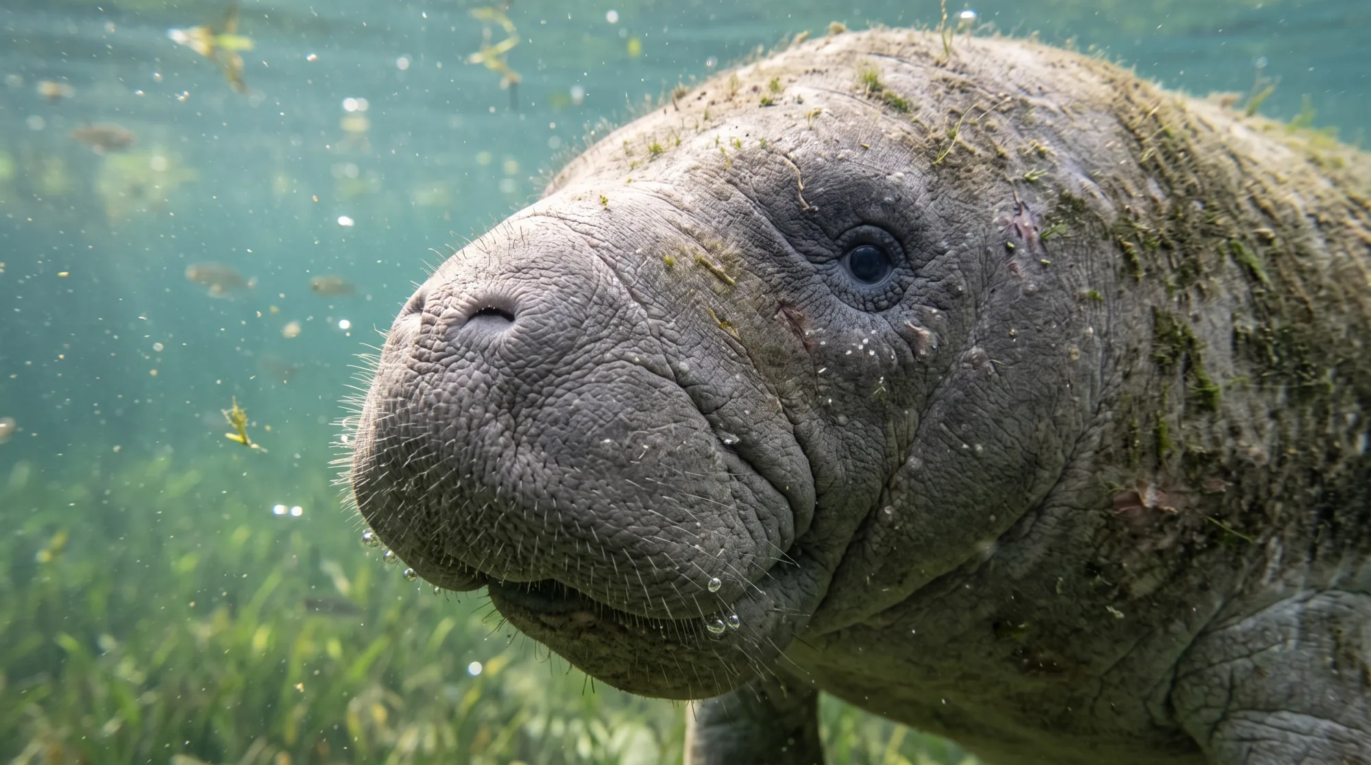 Manatee swimming underwater with its whiskery snout close to the camera, algae on its skin and seagrass in the background.
