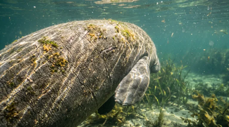 Manatee swimming underwater over seagrass, showing its wrinkled grey skin, algae-covered back and paddle-like flipper.