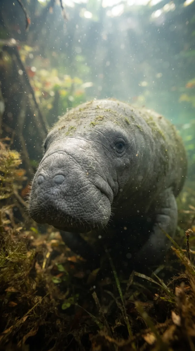 Grey manatee with a wrinkled snout resting over seagrass in green water