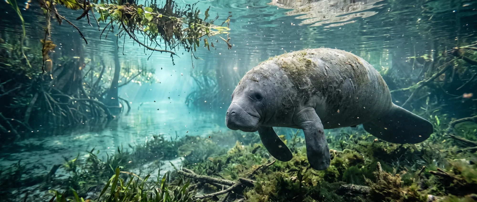 Manatee swimming over seagrass in clear green water