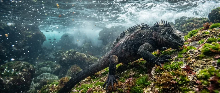Iguana marina arrastrándose por rocas cubiertas de algas entre las olas