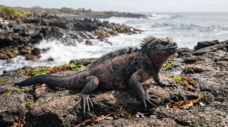 Iguana marina con cresta espinosa tomando el sol sobre rocas volcánicas oscuras junto a las olas