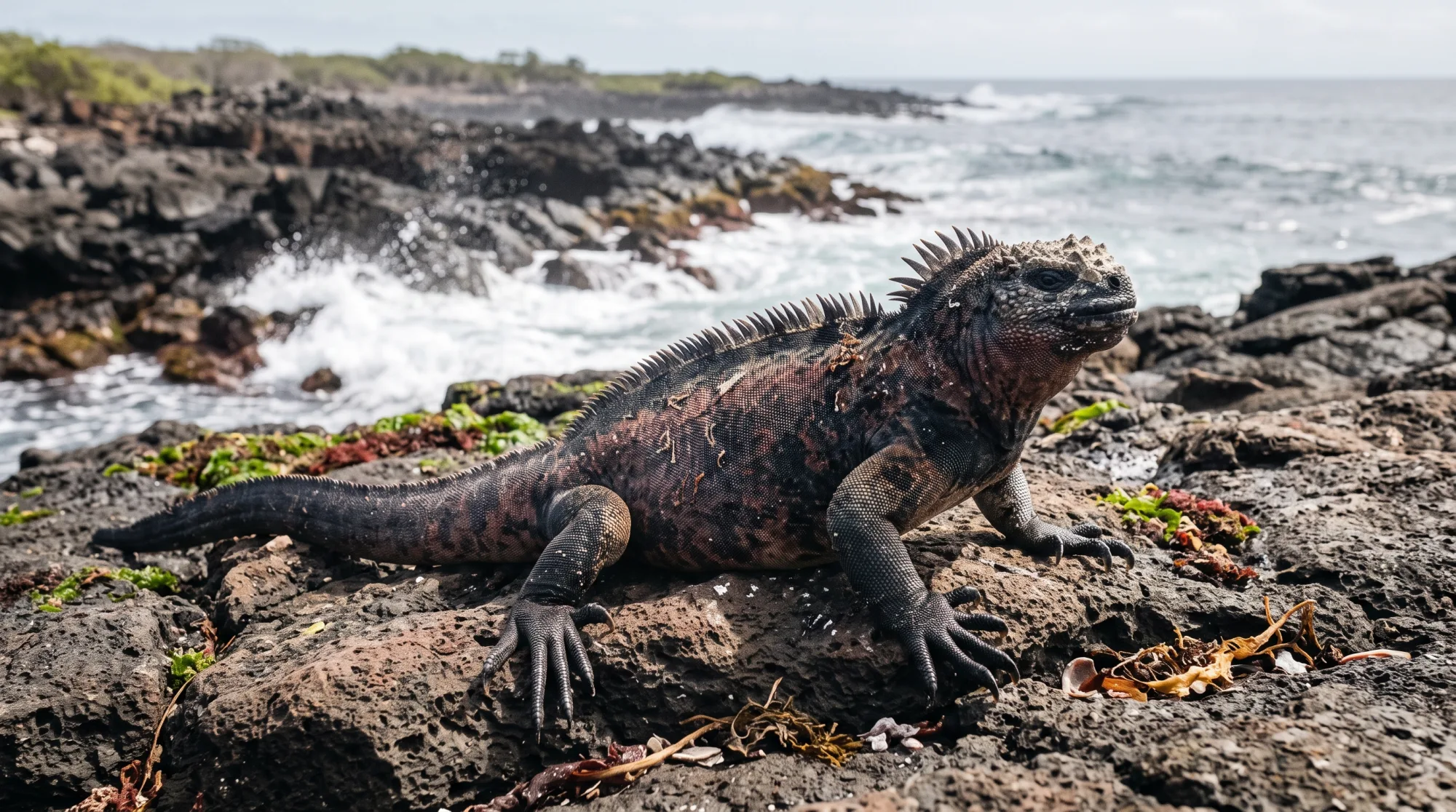 Iguana marina con cresta espinosa tomando el sol sobre rocas volcánicas oscuras junto a las olas