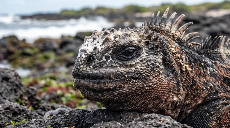 Iguana marina oscura y espinosa descansando sobre rocas volcánicas junto al mar