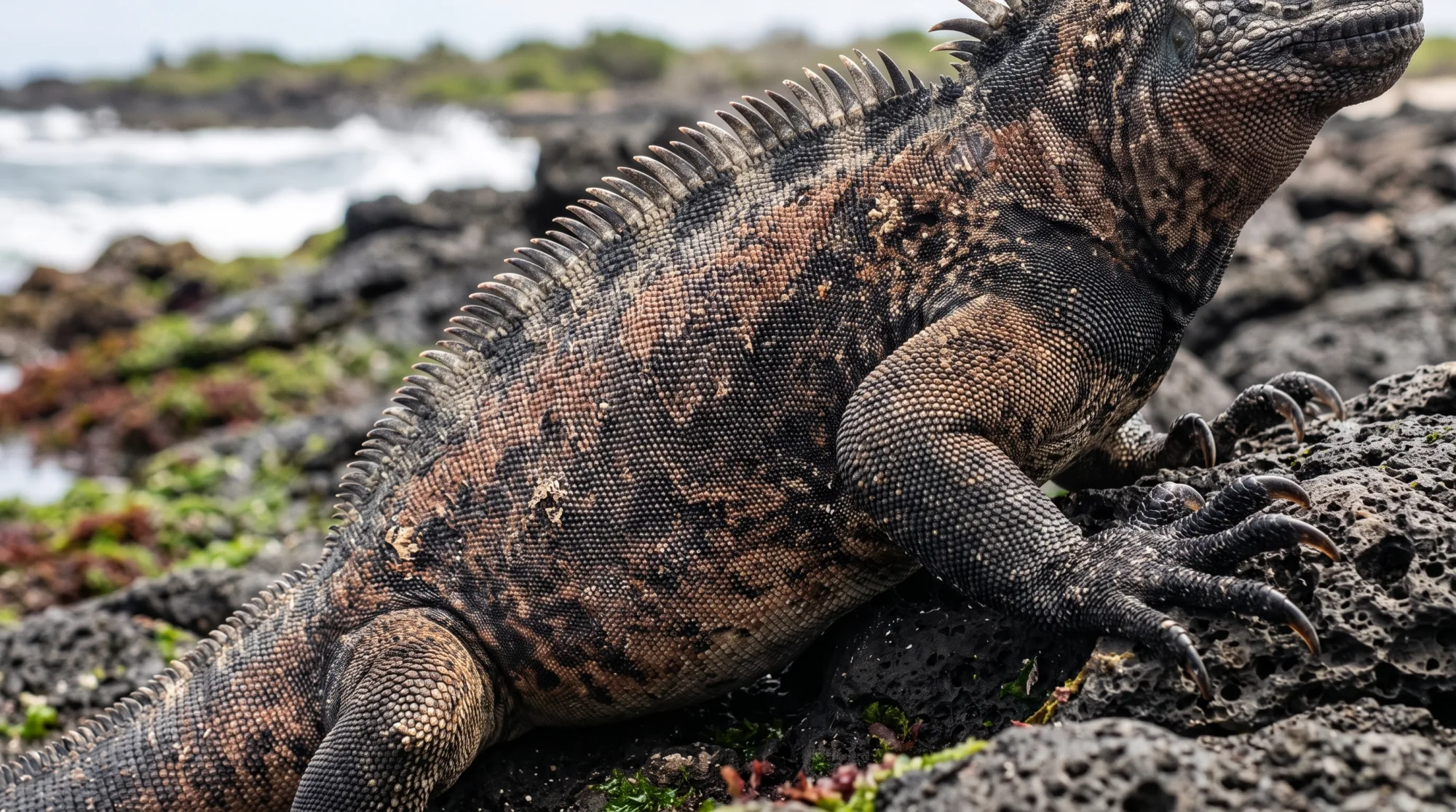Iguana marina con cresta dorsal espinosa y patas con garras descansando sobre roca volcánica oscura cerca del mar