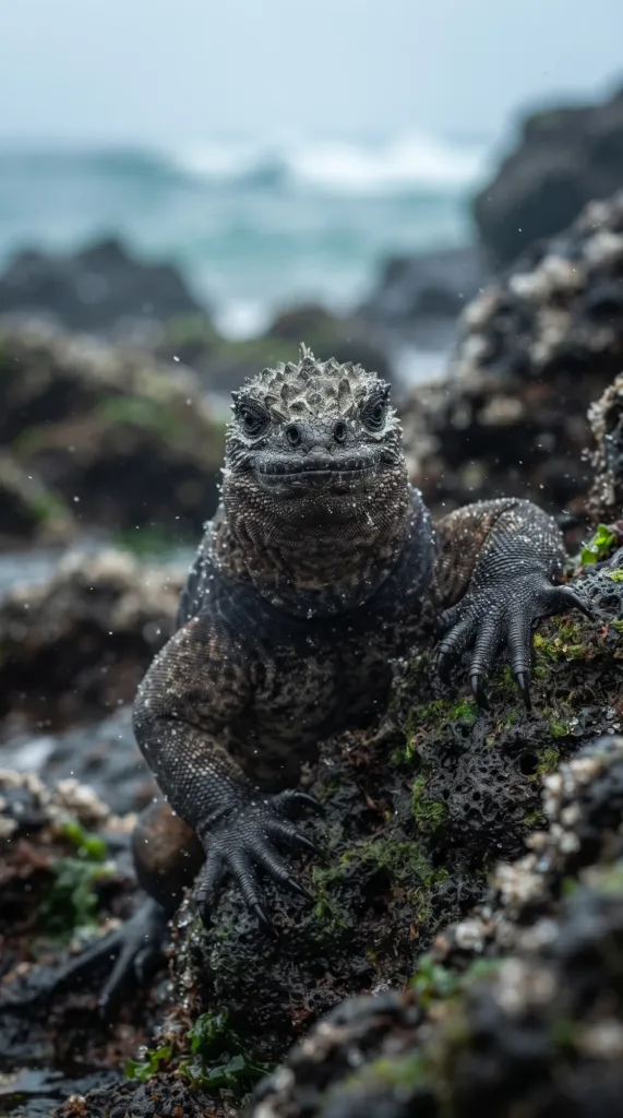 Iguana marina oscura con el lomo espinoso sobre rocas volcánicas negras junto al mar