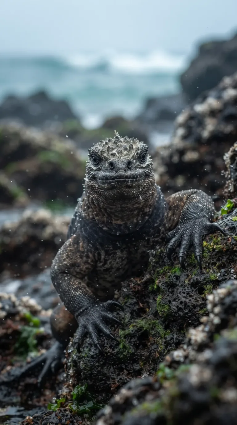 Iguana marina oscura con el lomo espinoso sobre rocas volcánicas negras junto al mar