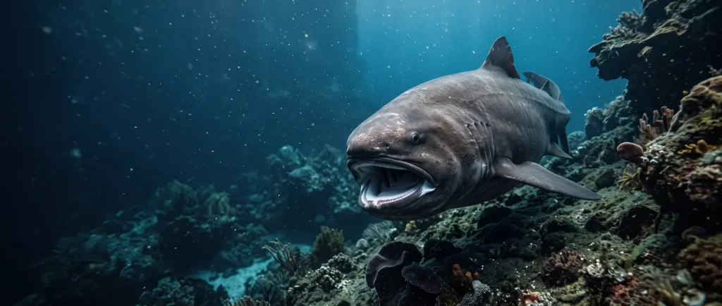 Megamouth shark with its huge mouth open swimming past a reef